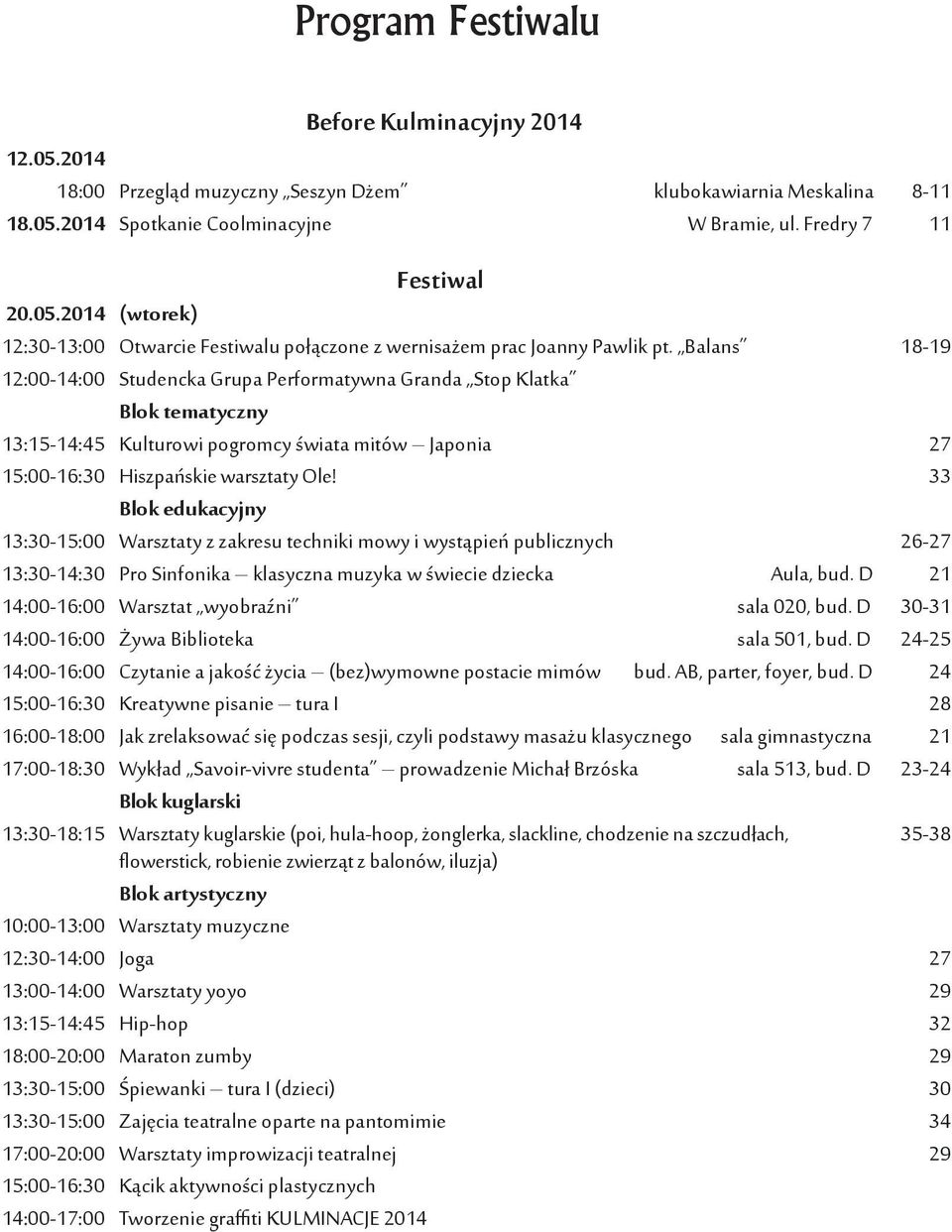 33 Blok edukacyjny 13:30-15:00 Warsztaty z zakresu techniki mowy i wystąpień publicznych 26-27 13:30-14:30 Pro Sinfonika klasyczna muzyka w świecie dziecka Aula, bud.