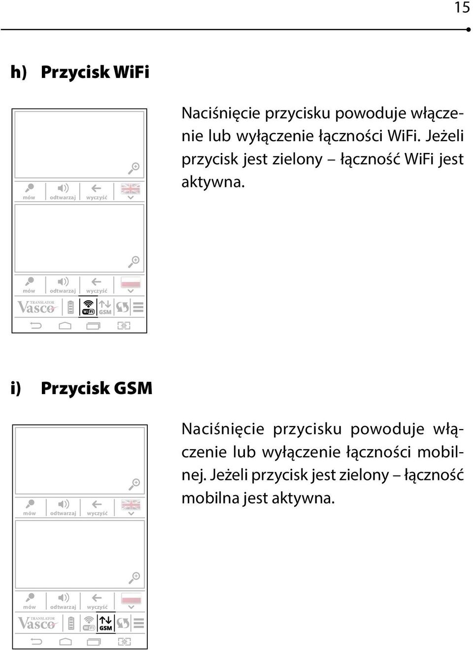 i) Przycisk GSM Naciśnięcie przycisku powodue włączenie lub wyłączenie łączności mobilne.