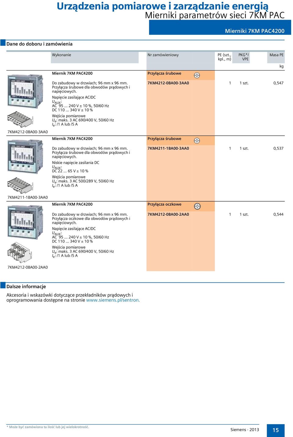 Napięcie zasilające AC/DC U AUX : AC 95 240 V ± 10 %, 50/60 Hz DC 110 340 V ± 10 % Wejścia pomiarowe U e : maks.