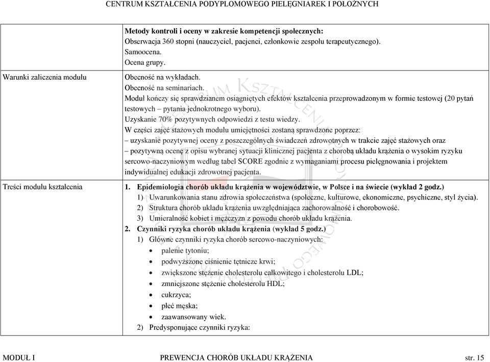 Moduł kończy się sprawdzianem osiągniętych efektów kształcenia przeprowadzonym w formie testowej (20 pytań testowych pytania jednokrotnego wyboru). Uzyskanie 70% pozytywnych odpowiedzi z testu wiedzy.