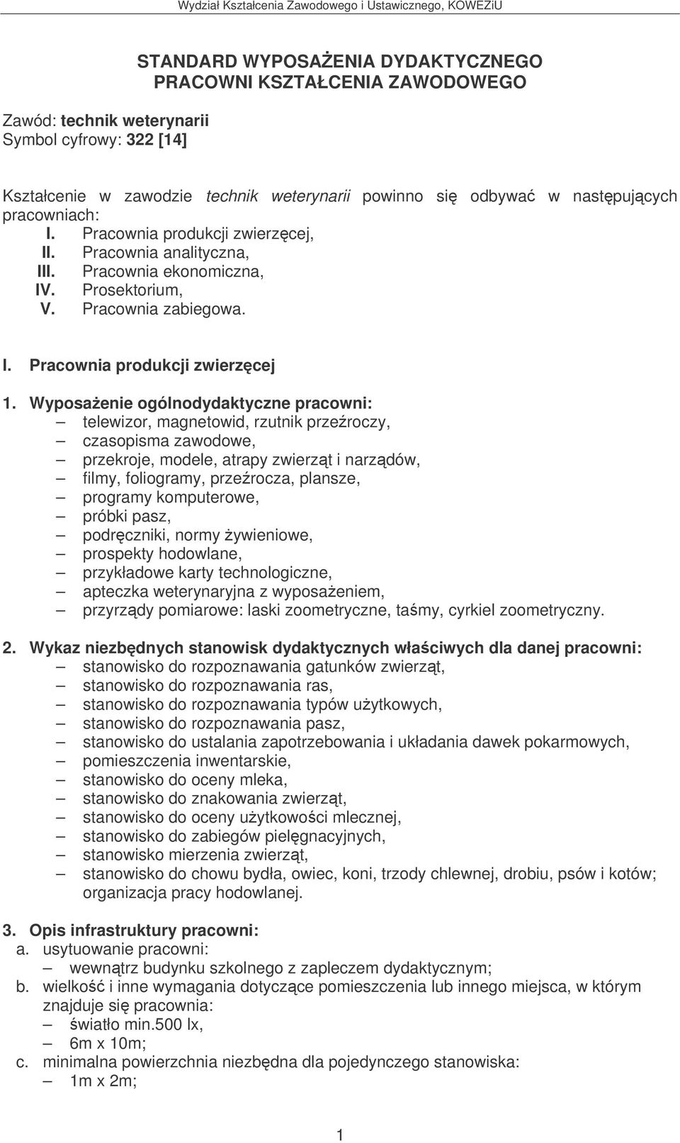 Wyposaenie ogólnodydaktyczne pracowni: telewizor, magnetowid, rzutnik przeroczy, czasopisma zawodowe, przekroje, modele, atrapy zwierzt i narzdów, filmy, foliogramy, przerocza, plansze, programy