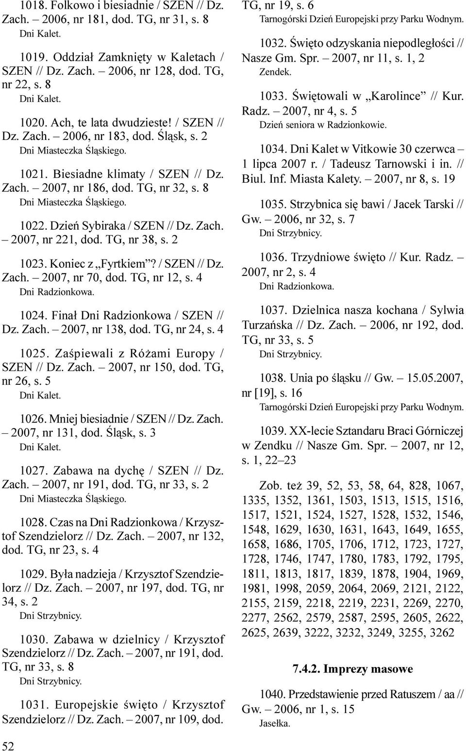 8 Dni Miasteczka Œl¹skiego. 1022. Dzieñ Sybiraka / SZEN // Dz. Zach. 2007, nr 221, dod. TG, nr 38, s. 2 1023. Koniec z Fyrtkiem? / SZEN // Dz. Zach. 2007, nr 70, dod. TG, nr 12, s. 4 Dni Radzionkowa.