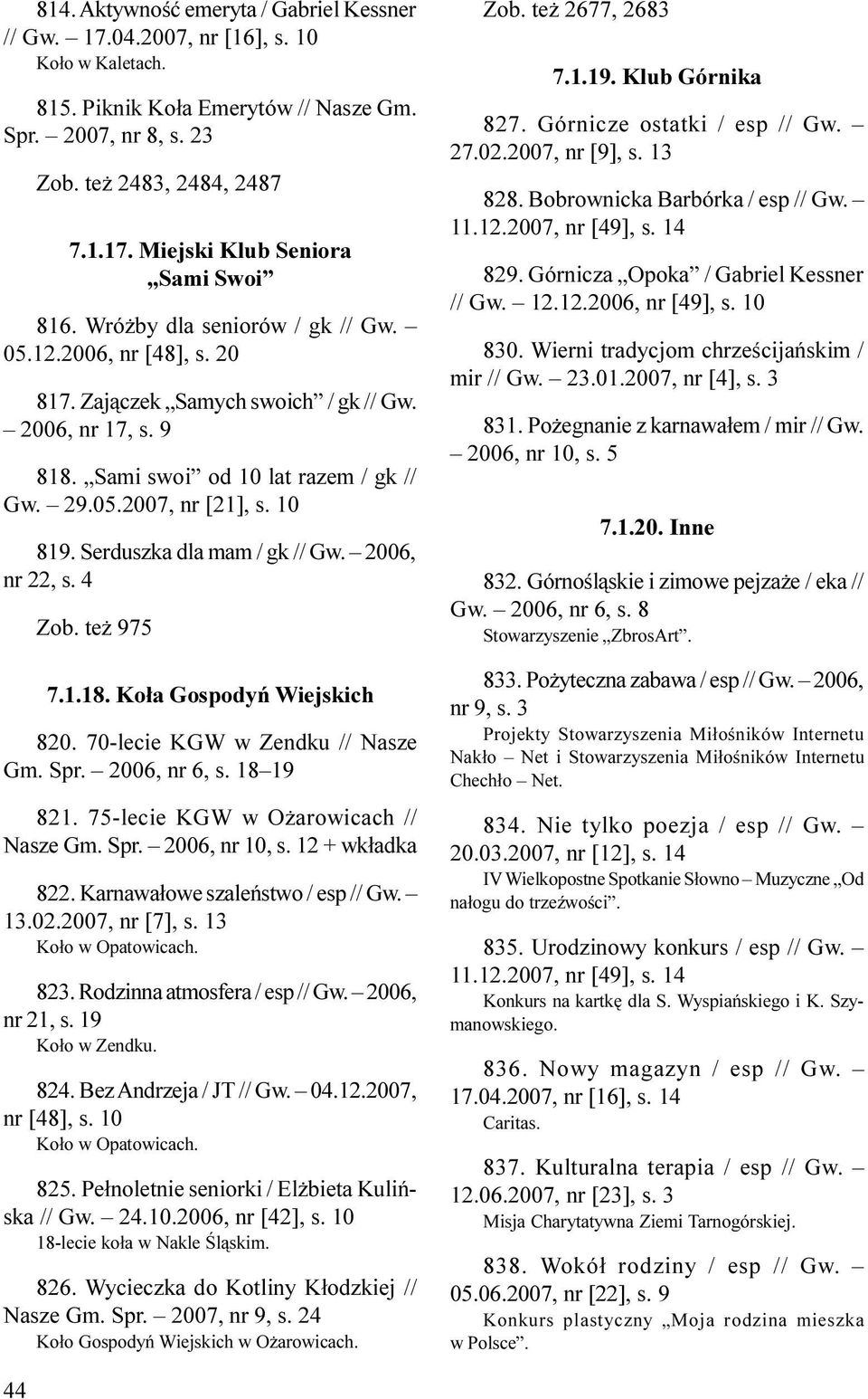 Serduszka dla mam / gk // Gw. 2006, nr 22, s. 4 Zob. te 975 7.1.18. Ko³a Gospodyñ Wiejskich 820. 70-lecie KGW w Zendku // Nasze Gm. Spr. 2006, nr 6, s. 18 19 821.