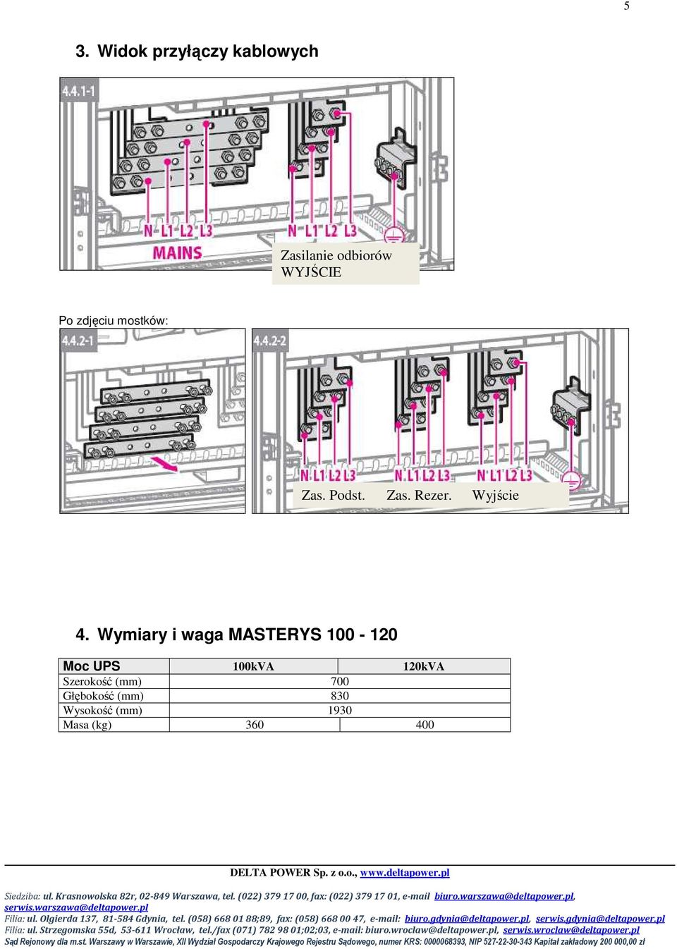 Wymiary i waga MASTERYS 100-120 Moc UPS 100kVA 120kVA