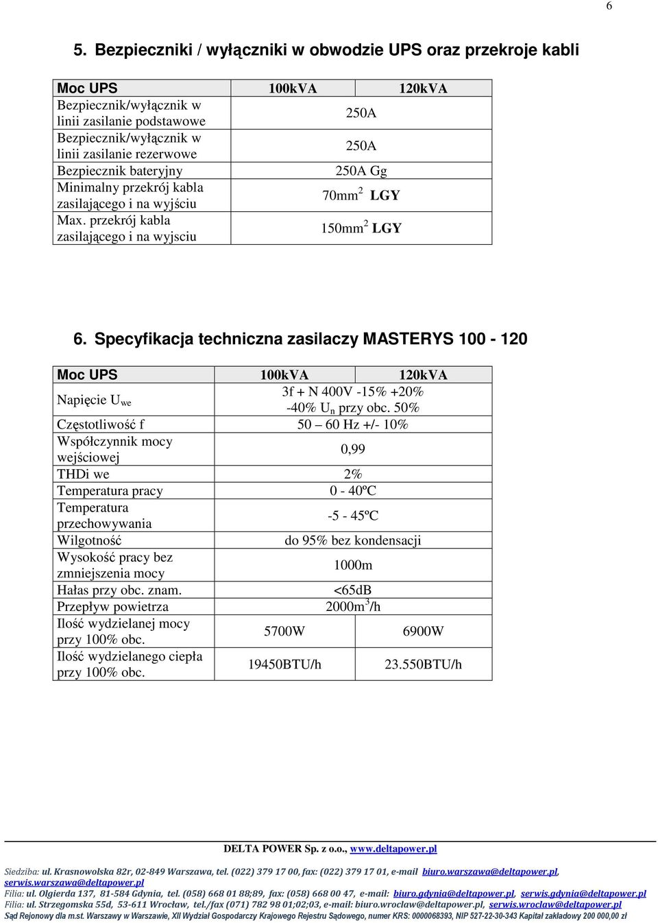 Specyfikacja techniczna zasilaczy MASTERYS 100-120 Moc UPS 100kVA 120kVA Napięcie U we 3f + N 400V -15% +20% -40% U n przy obc.