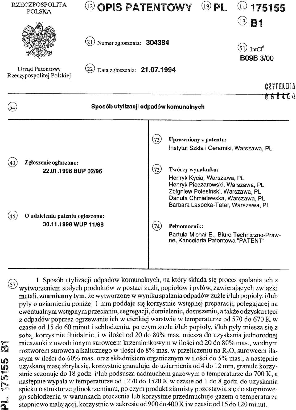 1996 BUP 02/96 (45) O udzieleniu patentu ogłoszono: 30.11.