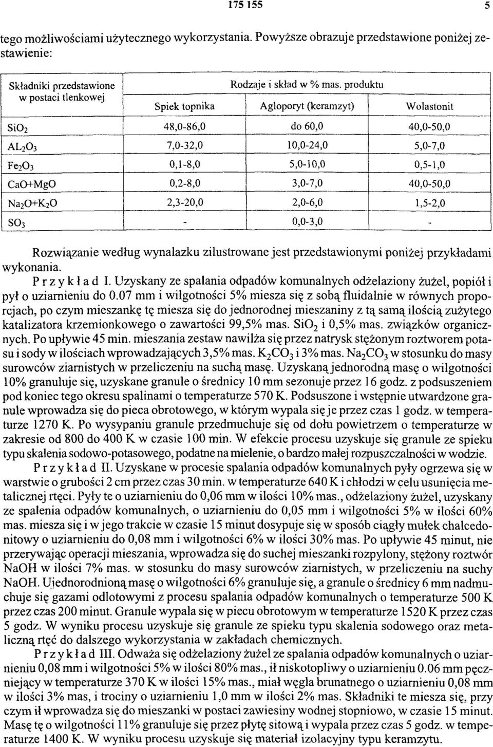 2,3-20,0 2,0-6,0 1,5-2,0 SO3-0,0-3,0 - Rozwiązanie według wynalazku zilustrowane jest przedstawionymi poniżej przykładami wykonania. Przykład I.