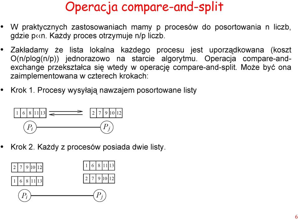 Zakładamy że lista lokalna każdego procesu jest uporządkowana (koszt O(n/plog(n/p)) jednorazowo na starcie algorytmu.