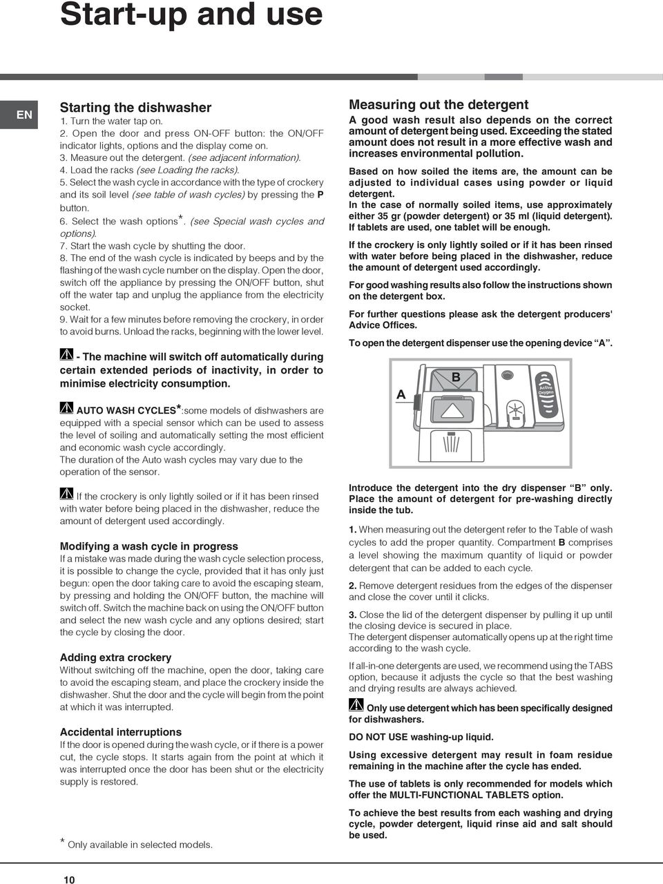 Select the wash cycle in accordance with the type of crockery and its soil level (see table of wash cycles) by pressing the P button. 6. Select the wash options*.