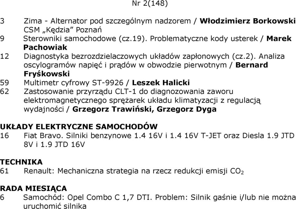 Analiza oscylogramów napięć i prądów w obwodzie pierwotnym / Bernard 59 Multimetr cyfrowy ST-9926 / Leszek Halicki 62 Zastosowanie przyrządu CLT-1 do diagnozowania zaworu elektromagnetycznego