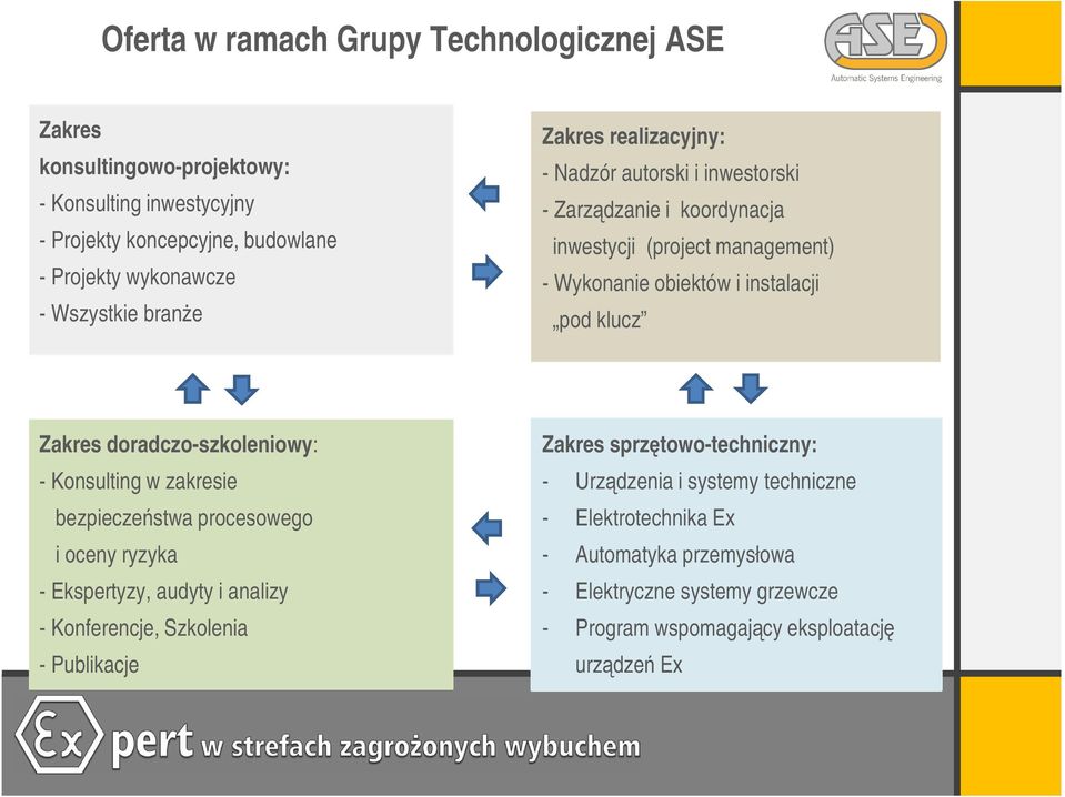 doradczo-szkoleniowy: - Konsulting w zakresie bezpieczeństwa procesowego i oceny ryzyka - Ekspertyzy, audyty i analizy - Konferencje, Szkolenia - Publikacje Zakres