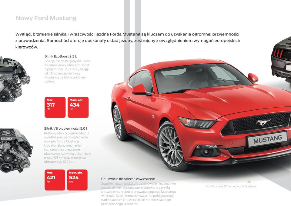 Specjalnie dostrojony do Forda Mustang nowy silnik EcoBoost o pojemności 2,3 l łączy osiągi jakich oczekują kierowcy Mustanga z niskim zużyciem paliwa. Moc 317 KM Mom. obr.