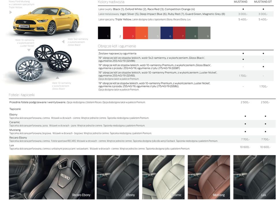 Green, Magnetic Grey (8) 3 000,- 3 000,- Lakier specjalny: Triple Yellow. Lakier dostępny tylko z tapicerkami: Ebony, Recaro Ebony, Lux.