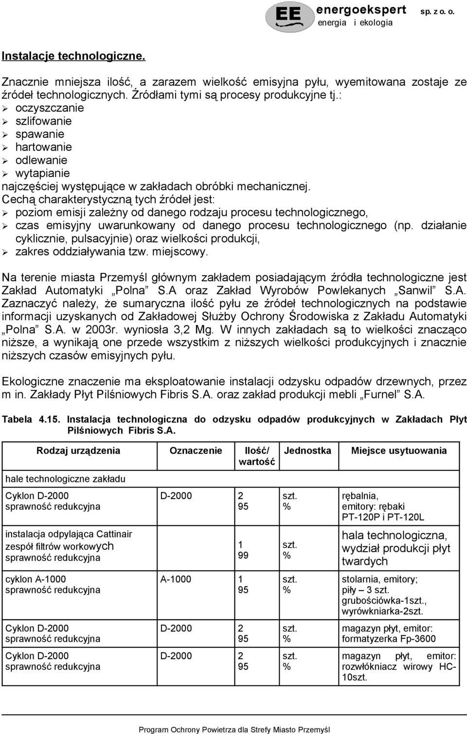 Cechą charakterystyczną tych źródeł jest: poziom emisji zależny od danego rodzaju procesu technologicznego, czas emisyjny uwarunkowany od danego procesu technologicznego (np.