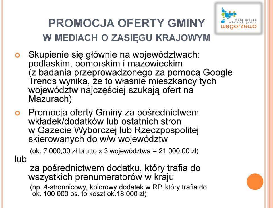 wkładek/dodatków lub ostatnich stron w Gazecie Wyborczej lub Rzeczpospolitej skierowanych do w/w województw (ok.