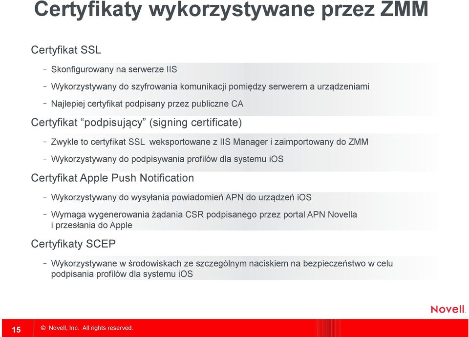 do podpisywania profilów dla systemu ios Certyfikat Apple Push Notification Wykorzystywany do wysyłania powiadomień APN do urządzeń ios Wymaga wygenerowania żądania CSR