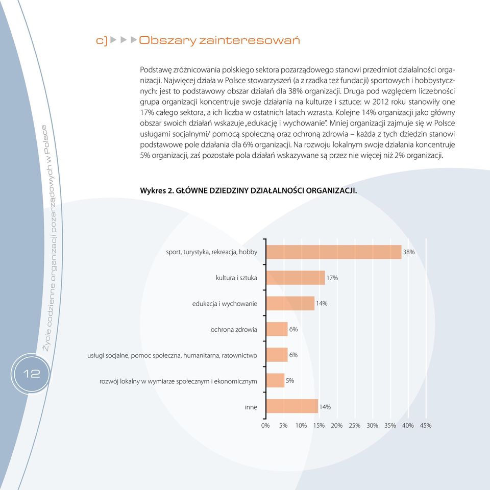 Druga pod względem liczebności grupa organizacji koncentruje swoje działania na kulturze i sztuce: w 2012 roku stanowiły one 17% całego sektora, a ich liczba w ostatnich latach wzrasta.