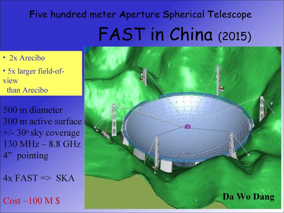 500 m diameter 300 m active surface +/- 30o sky coverage