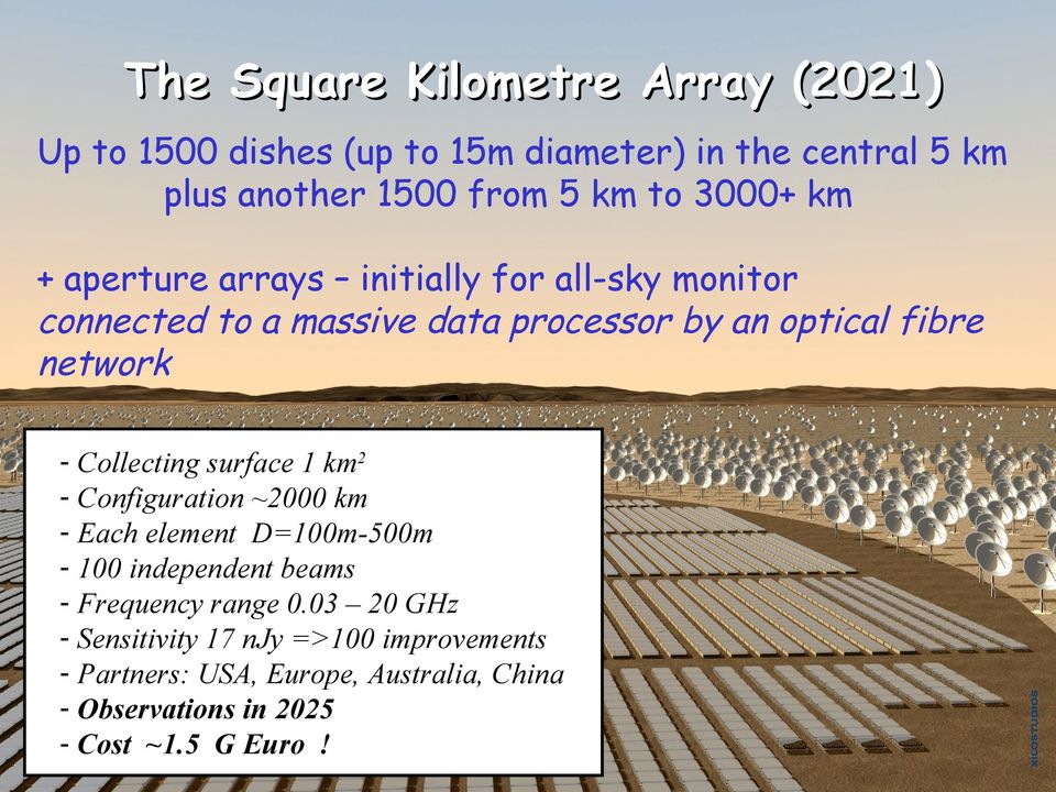 Collecting surface 1 km2 - Configuration ~2000 km - Each element D=100m-500m - 100 independent beams - Frequency range 0.
