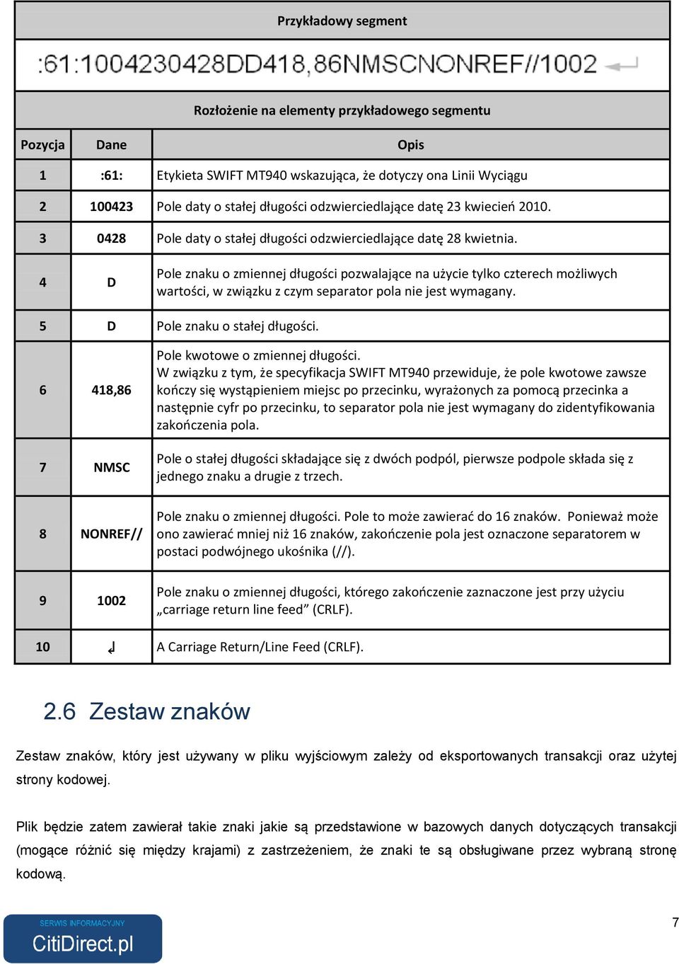 4 D Pole znaku o zmiennej długości pozwalające na użycie tylko czterech możliwych wartości, w związku z czym separator pola nie jest wymagany. 5 D Pole znaku o stałej długości.