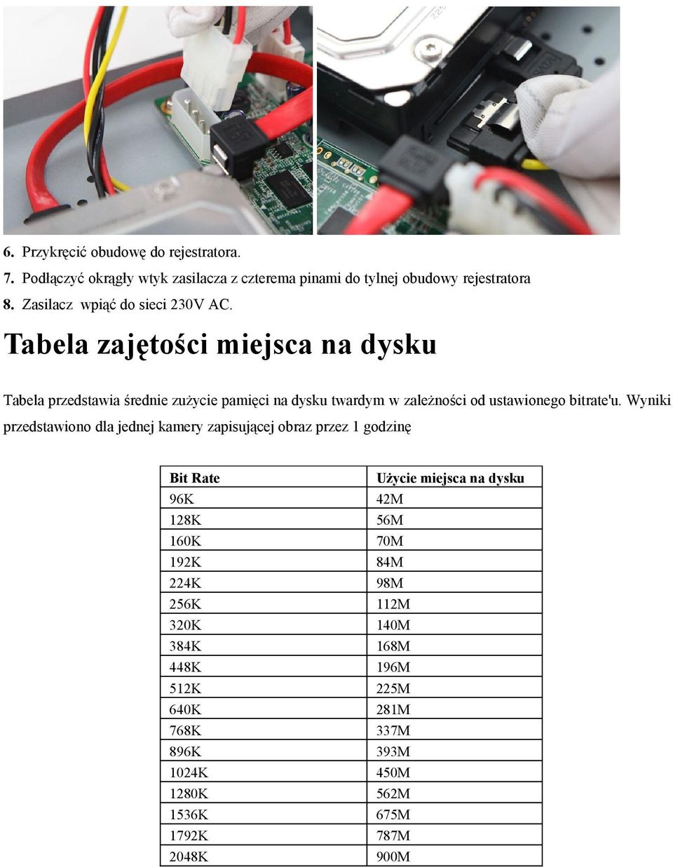 Tabela zajętości miejsca na dysku Tabela przedstawia średnie zużycie pamięci na dysku twardym w zależności od ustawionego bitrate'u.