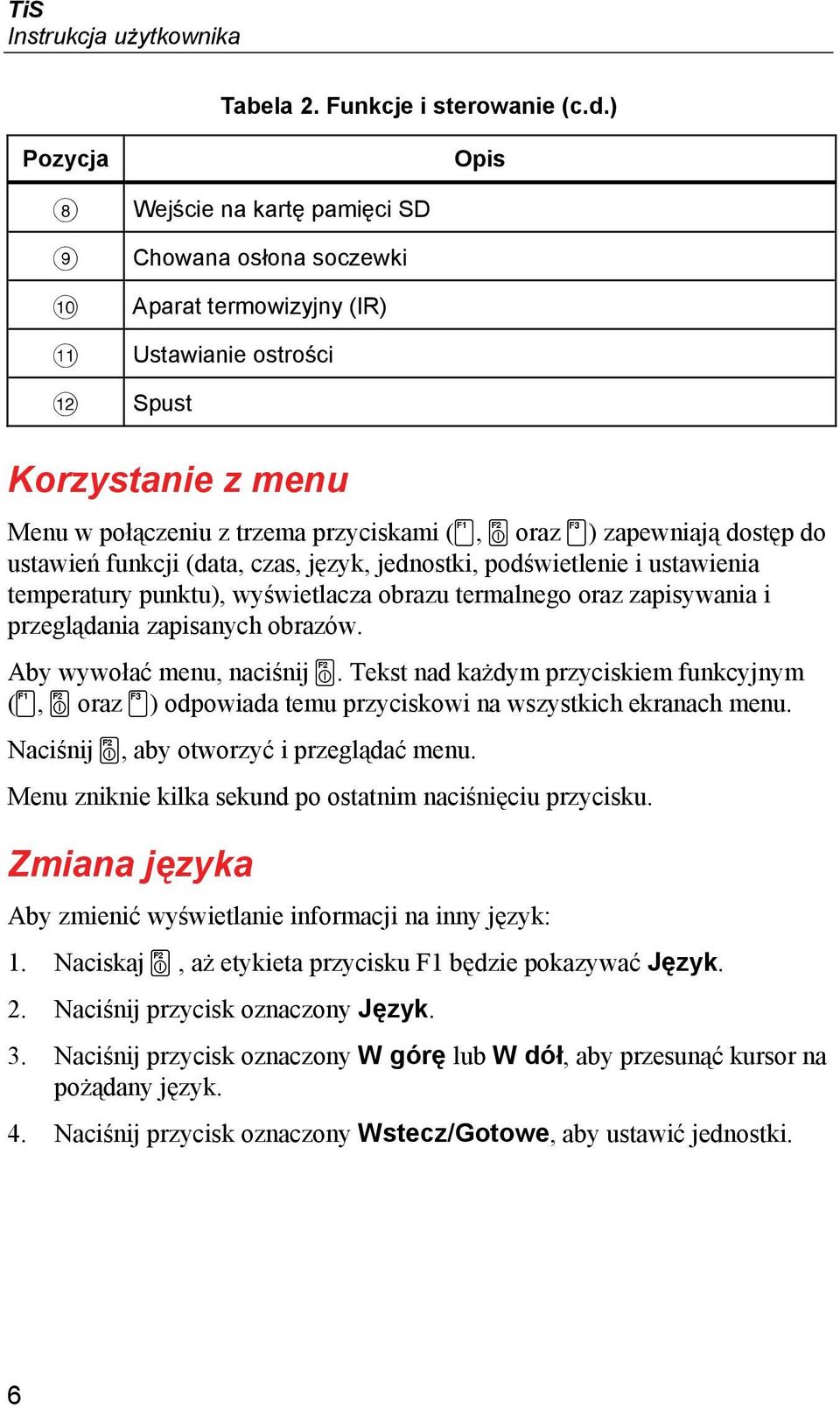 dostęp do ustawień funkcji (data, czas, język, jednostki, podświetlenie i ustawienia temperatury punktu), wyświetlacza obrazu termalnego oraz zapisywania i przeglądania zapisanych obrazów.