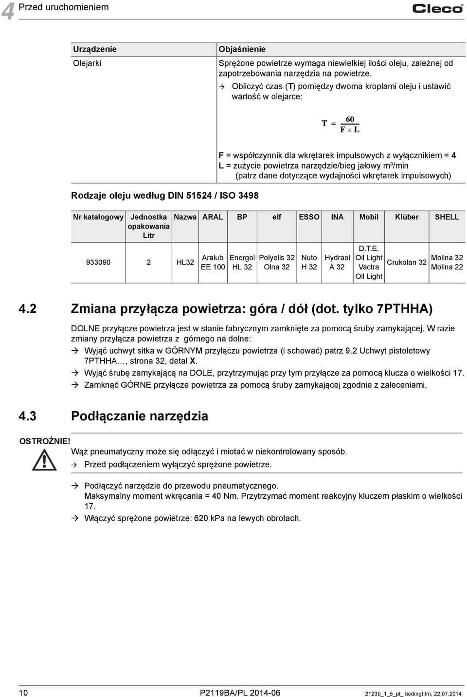 impulsowych z wyłącznikiem = 4 L = zużycie powietrza narzędzie/bieg jałowy m³/min (patrz dane dotyczące wydajności wkrętarek impulsowych) Jednostka Nazwa ARAL BP elf ESSO INA Mobil Klüber SHELL