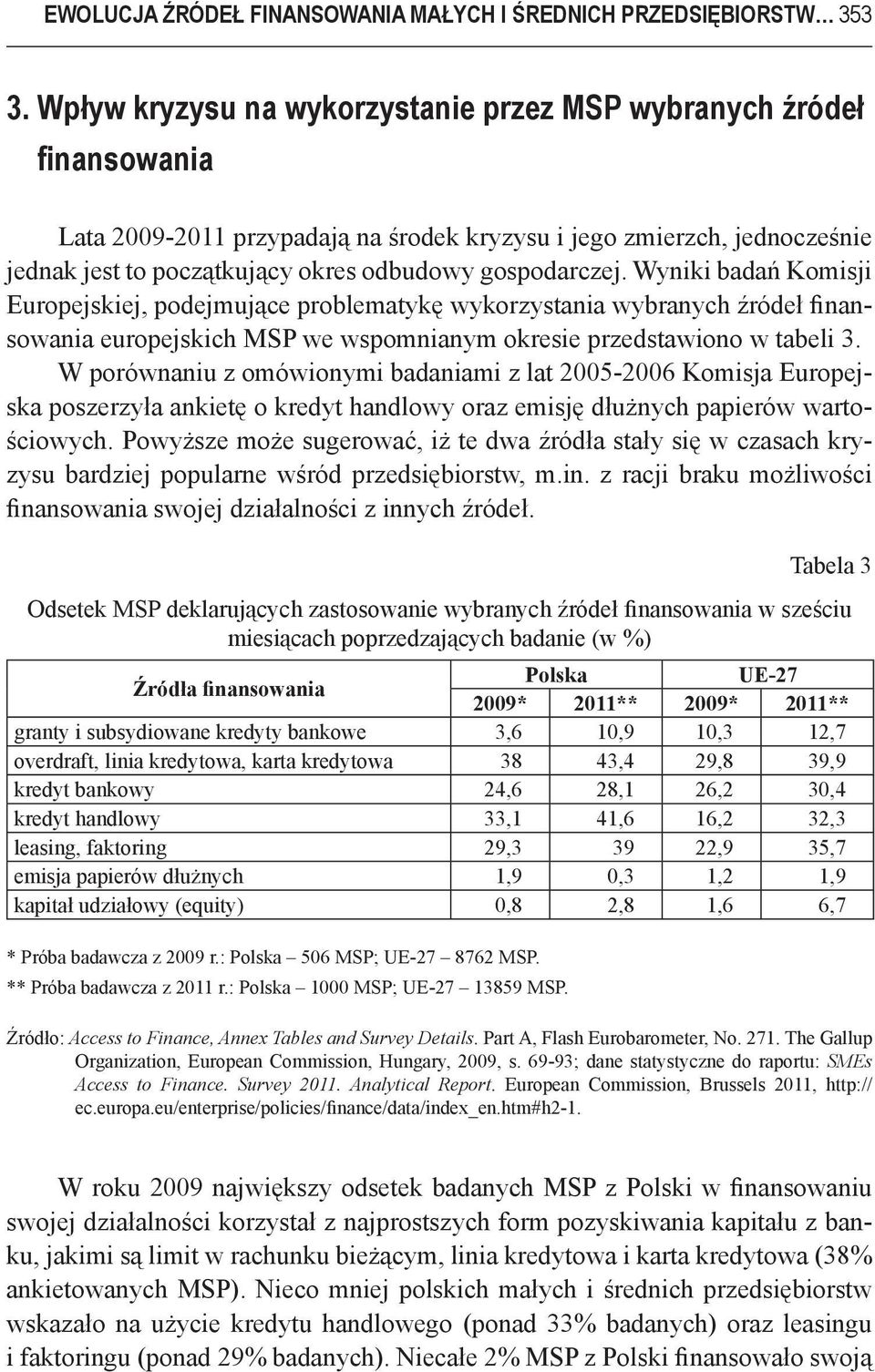 gospodarczej. Wyniki badań Komisji Europejskiej, podejmujące problematykę wykorzystania wybranych źródeł finansowania europejskich MSP we wspomnianym okresie przedstawiono w tabeli 3.