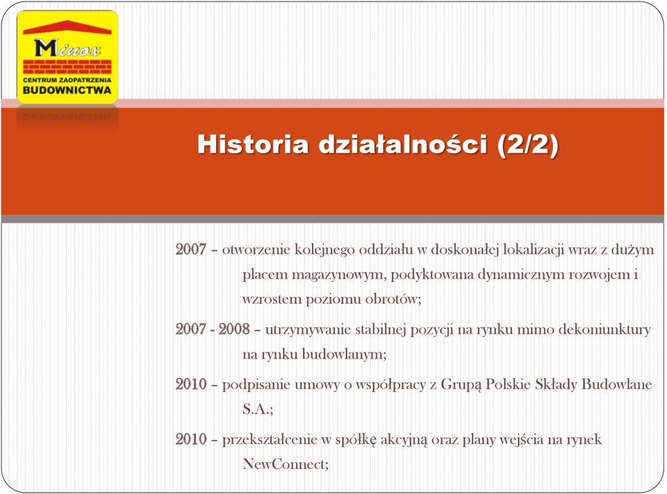 stabilnej pozycji na rynku mimo dekoniunktury na rynku budowlanym; 2010 podpisanie umowy o współpracy z