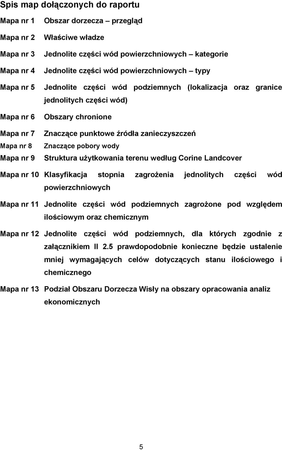 zanieczyszczeń Znaczące pobory wody Struktura użytkowania terenu według Corine Landcover Mapa nr 10 Klasyfikacja stopnia zagrożenia jednolitych części wód powierzchniowych Mapa nr 11 Jednolite części