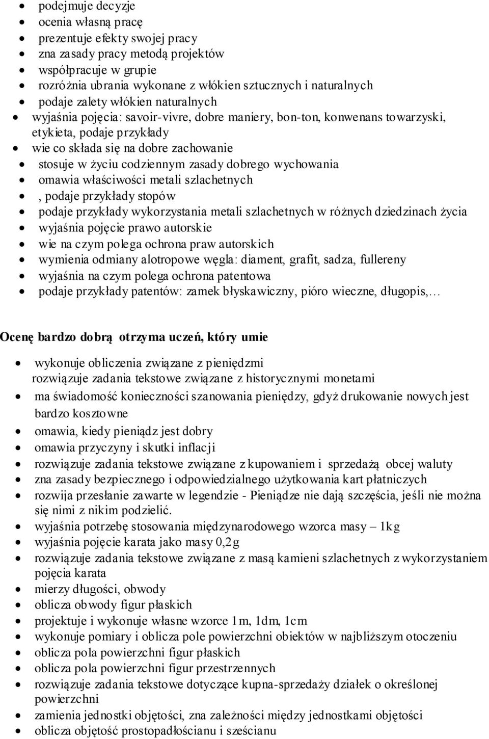 zasady dobrego wychowania omawia właściwości metali szlachetnych, podaje przykłady stopów podaje przykłady wykorzystania metali szlachetnych w różnych dziedzinach życia wyjaśnia pojęcie prawo