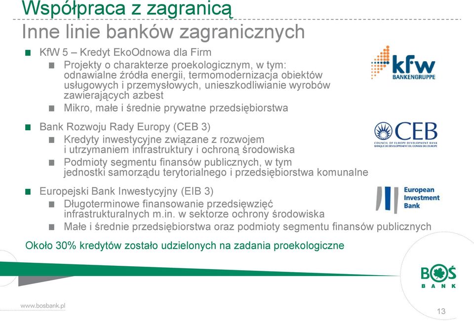 infrastruktury i ochroną środowiska Podmioty segmentu finansów publicznych, w tym jednostki samorządu terytorialnego i przedsiębiorstwa komunalne Europejski Bank Inwestycyjny (EIB 3) Długoterminowe
