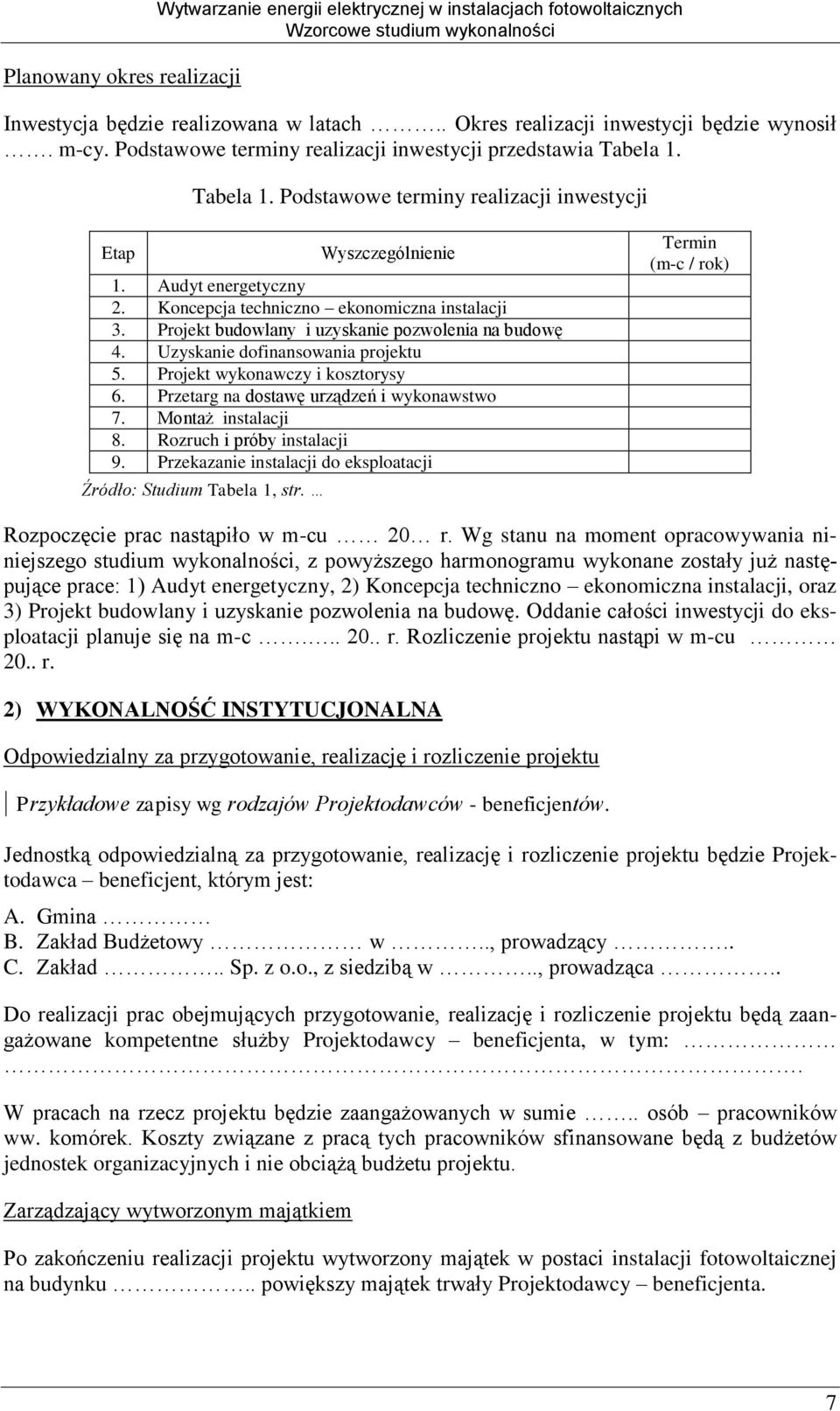 Koncepcja techniczno ekonomiczna instalacji 3. Projekt budowlany i uzyskanie pozwolenia na budowę 4. Uzyskanie dofinansowania projektu 5. Projekt wykonawczy i kosztorysy 6.