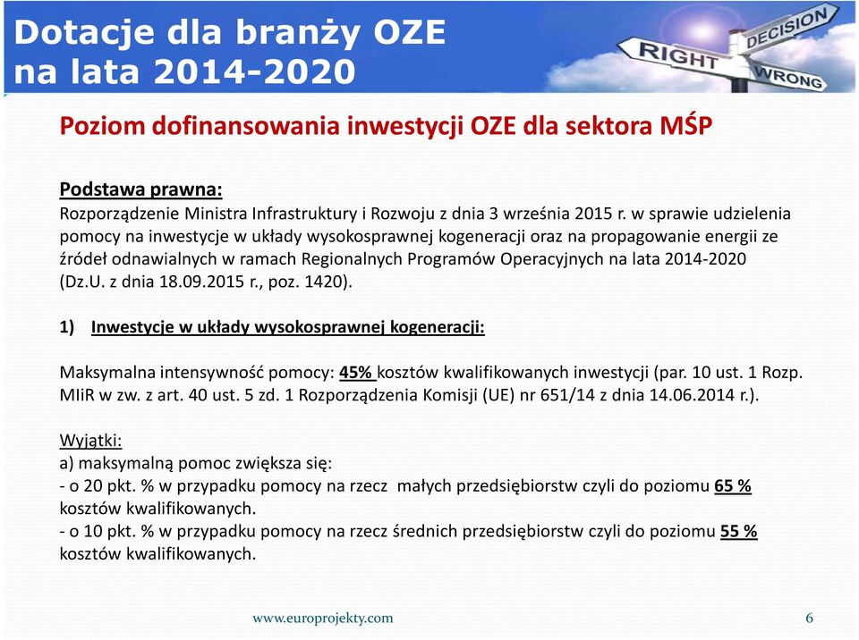 2015 r., poz. 1420). 1) Inwestycje w układy wysokosprawnej kogeneracji: Maksymalna intensywność pomocy: 45% kosztów kwalifikowanych inwestycji (par. 10 ust. 1 Rozp. MIiRw zw. z art. 40 ust. 5 zd.