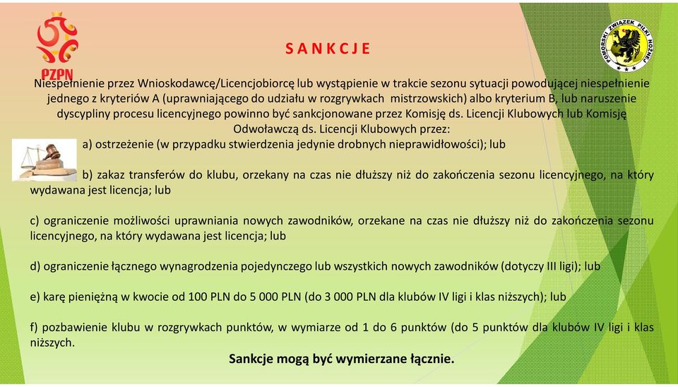 Licencji Klubowych przez: a) ostrzeżenie (w przypadku stwierdzenia jedynie drobnych nieprawidłowości); lub b) zakaz transferów do klubu, orzekany na czas nie dłuższy niż do zakończenia sezonu