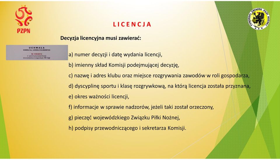 klasę rozgrywkową, na którą licencja została przyznana, e) okres ważności licencji, f) informacje w sprawie nadzorów,