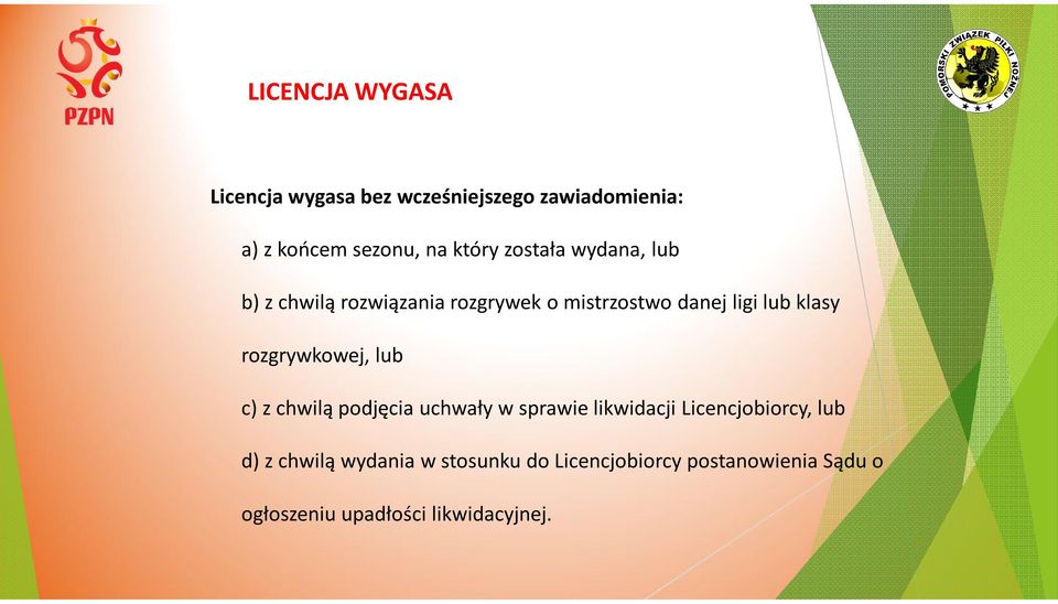 rozgrywkowej, lub c) z chwilą podjęcia uchwały w sprawie likwidacji Licencjobiorcy, lub d) z