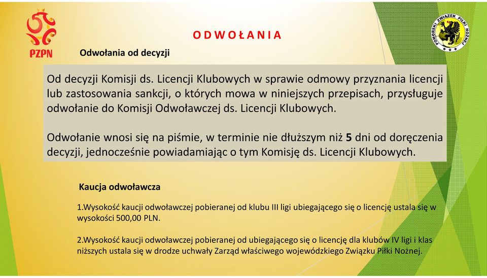 Licencji Klubowych. Odwołanie wnosi się na piśmie, w terminie nie dłuższym niż 5 dni od doręczenia decyzji, jednocześnie powiadamiając o tym Komisję ds. Licencji Klubowych.