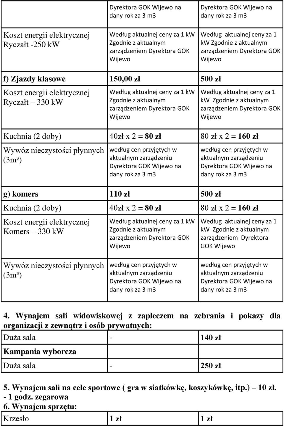 Komers 330 kw Według aktualnej ceny za 1 kw Według aktualnej ceny za 1 kw zarządzeniem Dyrektora GOK płynnych Dyrektora GOK na Dyrektora GOK na 4.