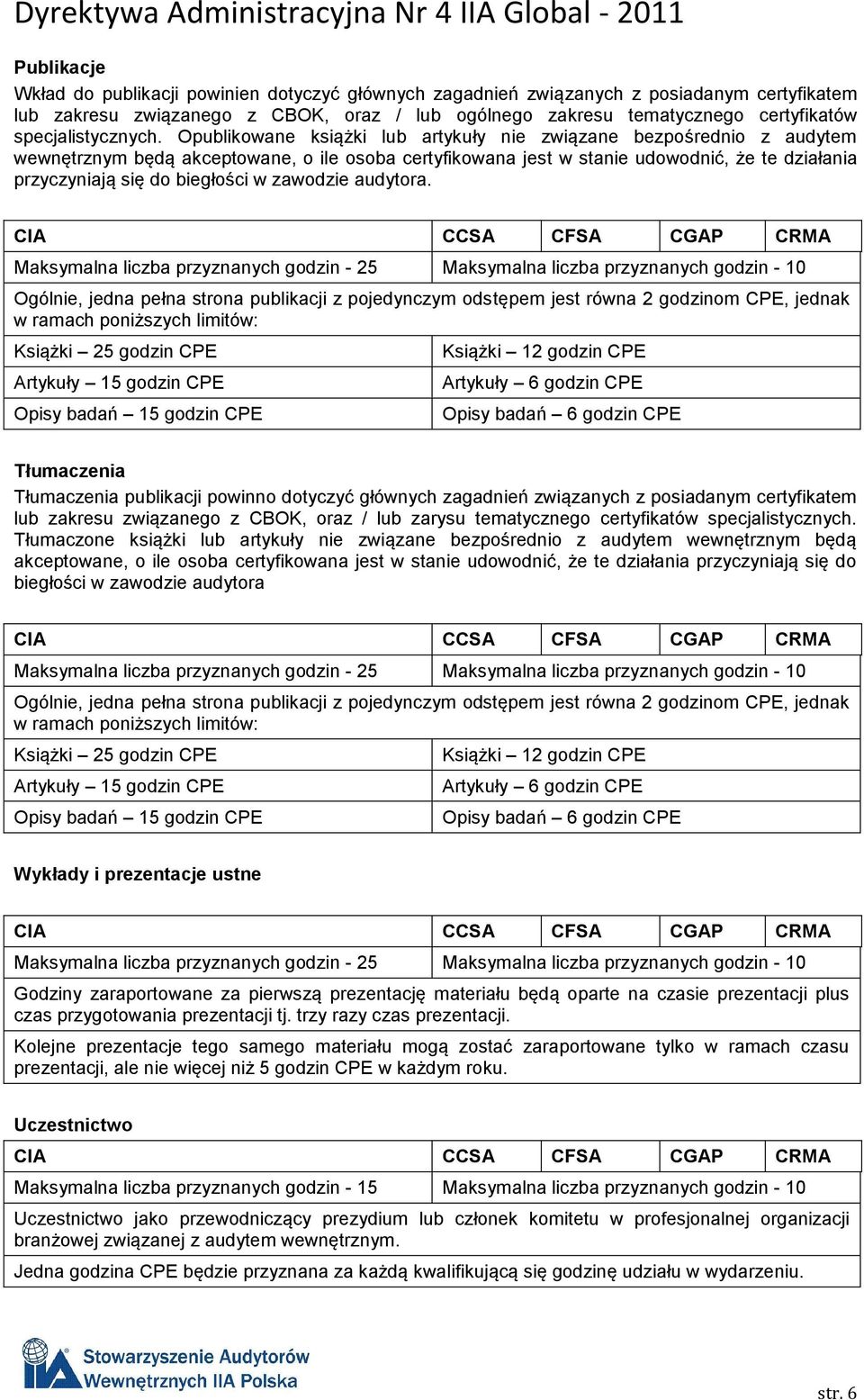 Opublikowane książki lub artykuły nie związane bezpośrednio z audytem wewnętrznym będą akceptowane, o ile osoba certyfikowana jest w stanie udowodnić, że te działania przyczyniają się do biegłości w