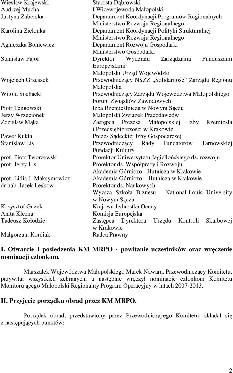 Funduszami Europejskimi Małopolski Urząd Wojewódzki Wojciech Grzeszek Przewodniczący NSZZ Solidarność Zarządu Regionu Małopolska Witold Sochacki Przewodniczący Zarządu Województwa Małopolskiego Forum