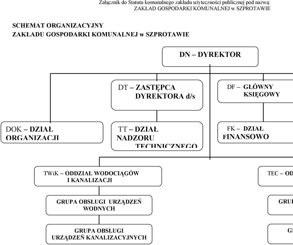 d/s DF GŁÓWNY KSIĘGOWY DOK DZIAŁ ORGANIZACJI TECHNICZNYCH TT DZIAŁ NADZORU TECHNICZNEGO FK DZIAŁ FINANSOWO TWiK