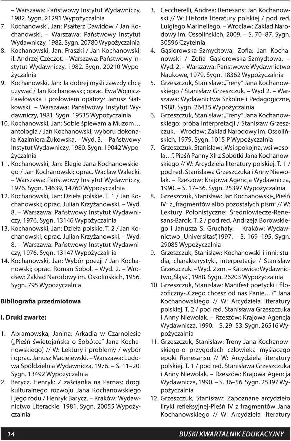 Kochanowski, Jan: Ja dobrej myśli zawżdy chcę używać / Jan Kochanowski; oprac. Ewa Wojnicz- Pawłowska i posłowiem opatrzył Janusz Siatkowski. Warszawa: Państwowy Instytut Wydawniczy, 1981. Sygn.