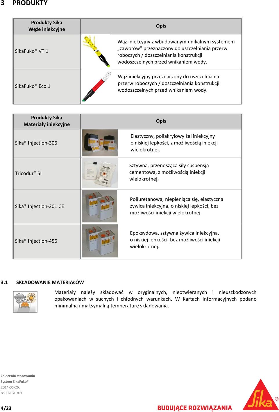 Produkty Sika Materiały iniekcyjne Sika Injection 306 Opis Elastyczny, poliakrylowy żel iniekcyjny o niskiej lepkości, z możliwością iniekcji wielokrotnej.