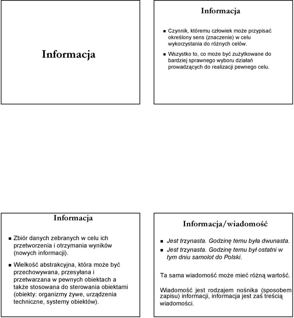 Informacja Zbiór danych zebranych w celu ich przetworzenia i otrzymania wyników (nowych informacji).