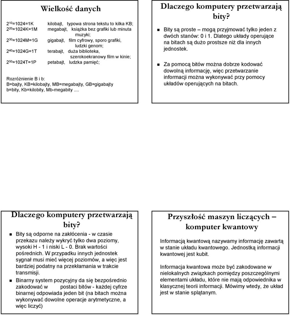 Kb=kilobity, Mb-megabity... Dlaczego komputery przetwarzają bity? Bity są proste mogą przyjmować tylko jeden z dwóch stanów: 0 i 1.