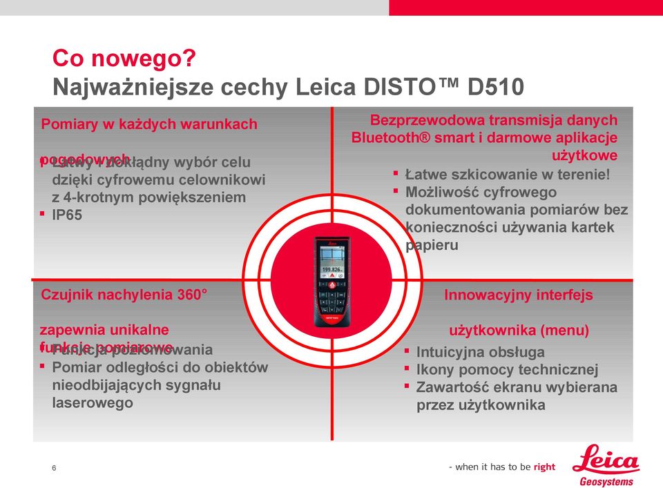 IP65 Czujnik nachylenia 360 zapewnia unikalne pomiarowe funkcje Funkcja poziomowania Pomiar odległości do obiektów nieodbijających sygnału laserowego 6