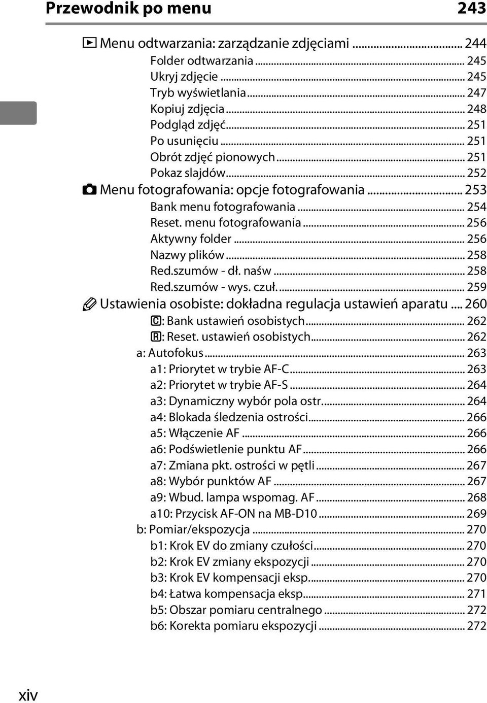 .. 256 Nazwy plików... 258 Red.szumów - dł. naśw... 258 Red.szumów - wys. czuł... 259 A Ustawienia osobiste: dokładna regulacja ustawień aparatu... 260 B: Bank ustawień osobistych... 262 A: Reset.