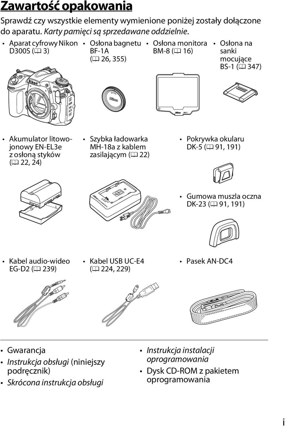 osłoną styków (0 22, 24) Szybka ładowarka MH-18a z kablem zasilającym (0 22) Pokrywka okularu DK-5 (0 91, 191) Gumowa muszla oczna DK-23 (0 91, 191) Kabel audio-wideo