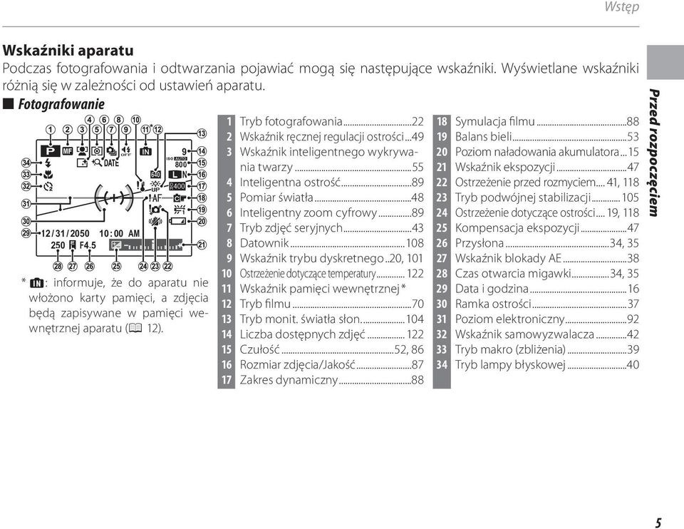 ..22 2 Wskaźnik ręcznej regulacji ostrości...49 3 Wskaźnik inteligentnego wykrywania twarzy...55 4 Inteligentna ostrość...89 5 Pomiar światła...48 6 Inteligentny zoom cyfrowy.